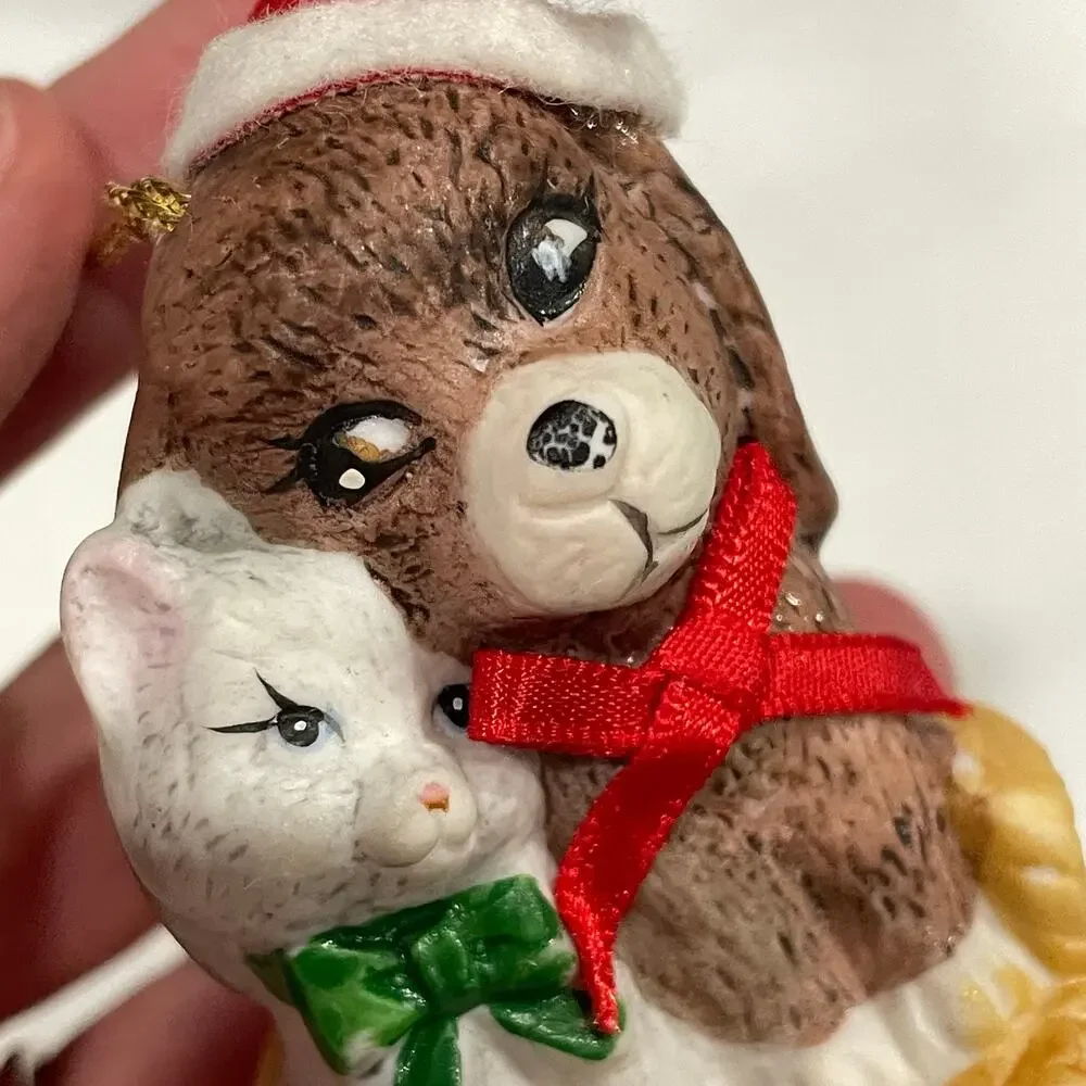 Vintage Porcelain Christmas Puppy Kitten Bell Ornament JSNY Santa Hat Dog Cat